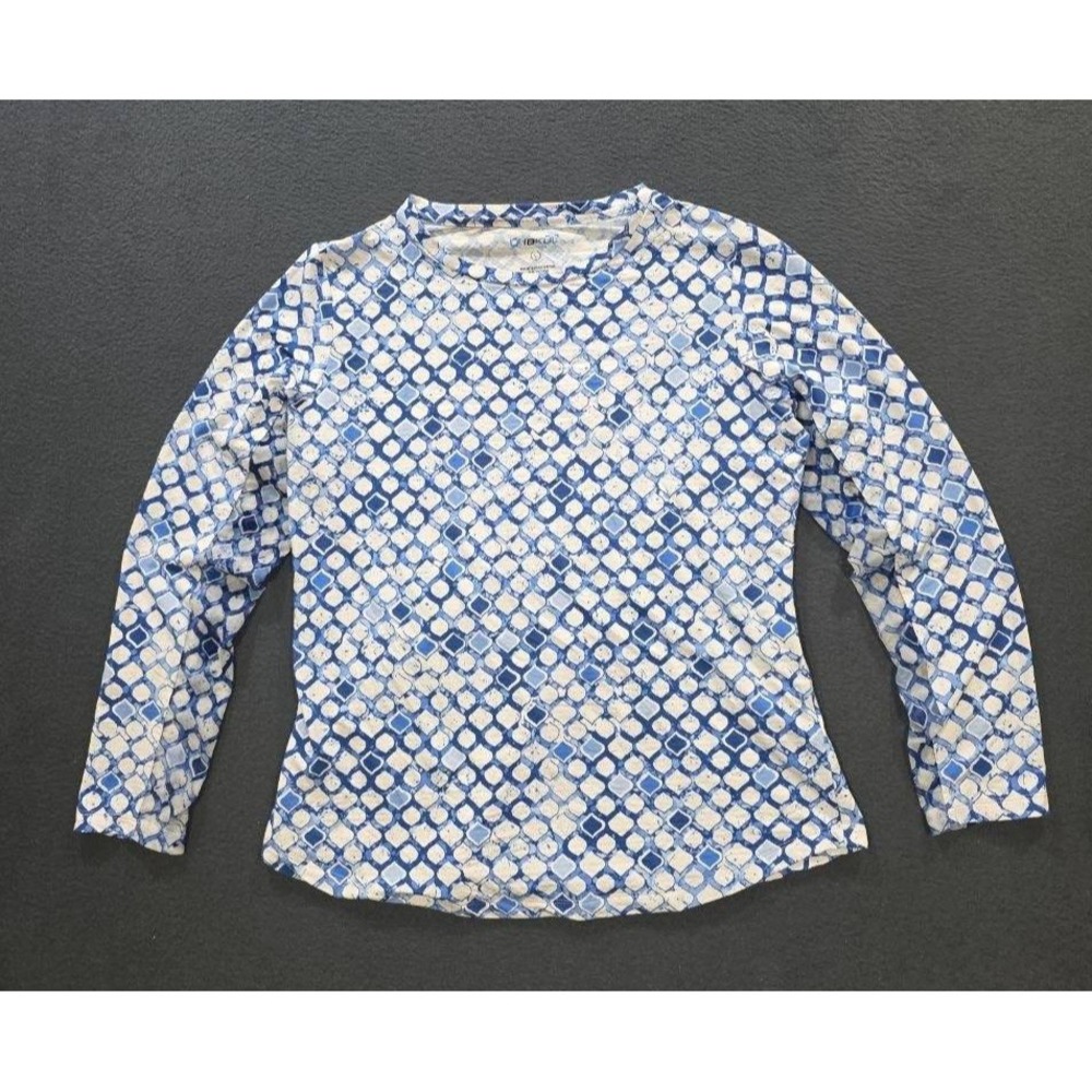 IBKUL Blue White Geometric Long Sleeve Athletic Top L Nylon Poly Mesh A011513